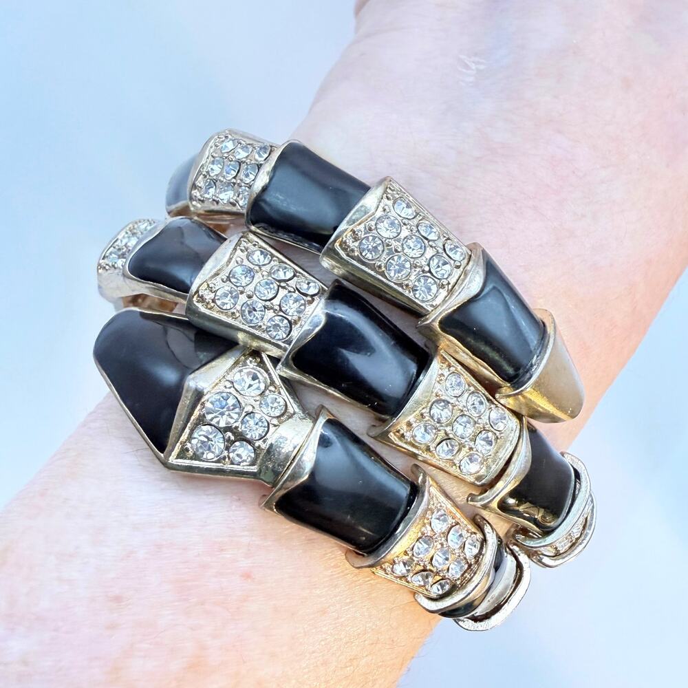Vintage Black Enamel Crystal Pavé Snake Coil Wrap Bracelet Gold Tone Adjustable